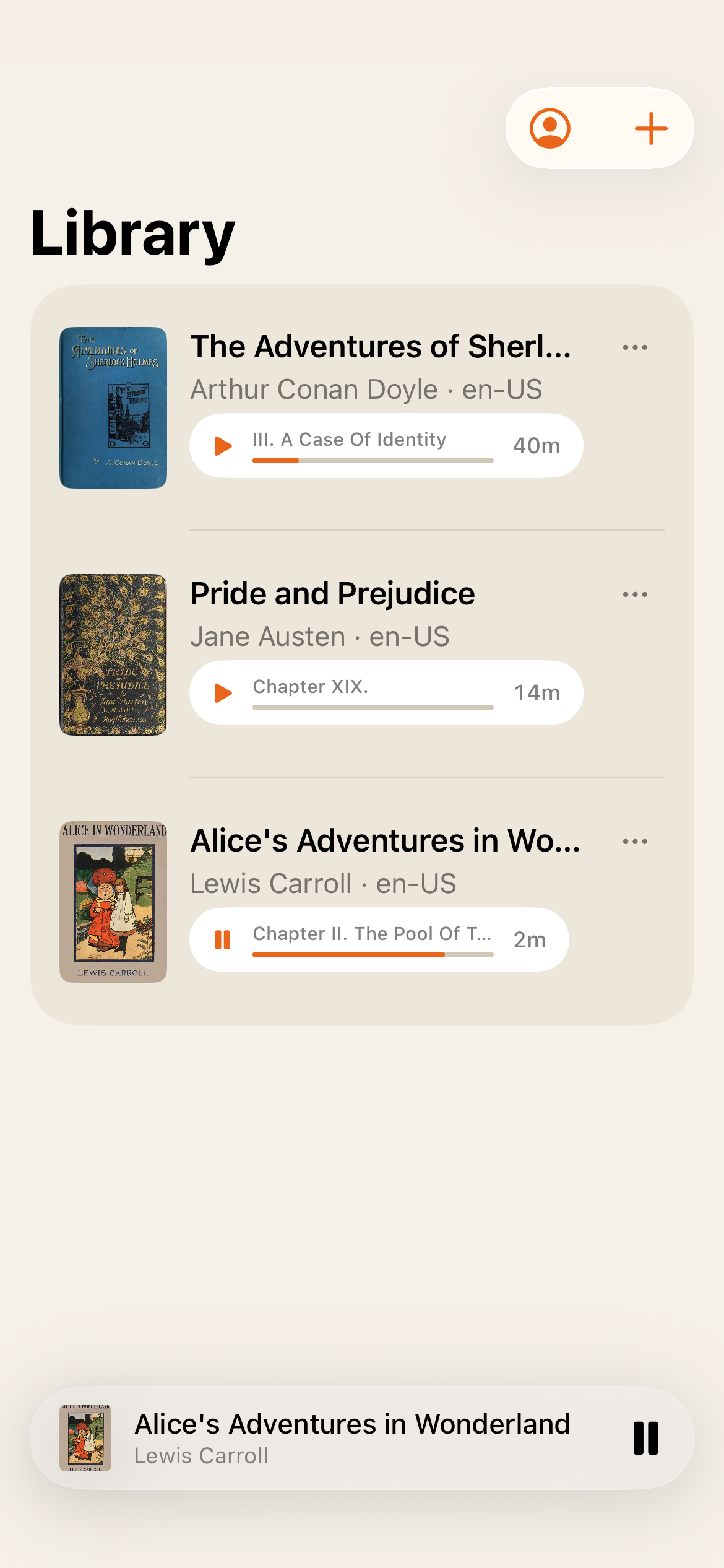 Library with imported books and mini player